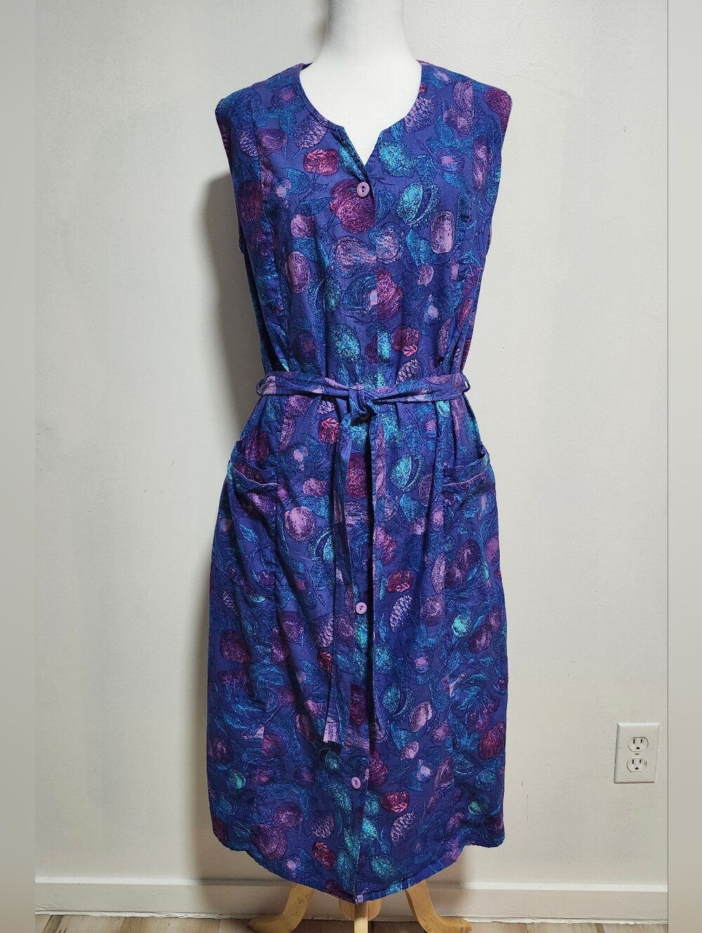 C&A Europe 100% Cotton Sleeveless Blue & Purple Print Belted Dress